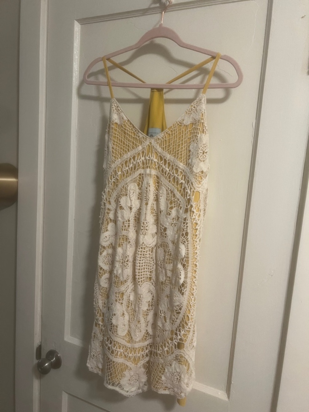 Judith March Yellow and White Crochet Mini Dress Whimsy Boho